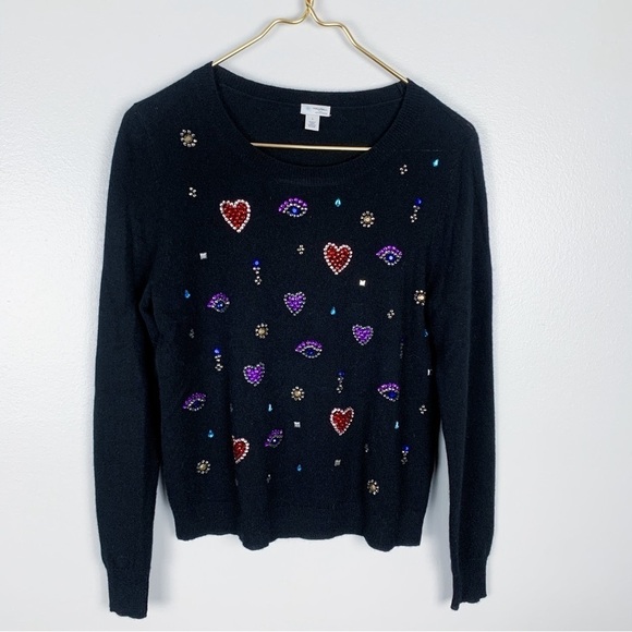 Halogen 100% cashmere rhinestone gem heart crewneck sweater multi black small - Picture 1 of 6